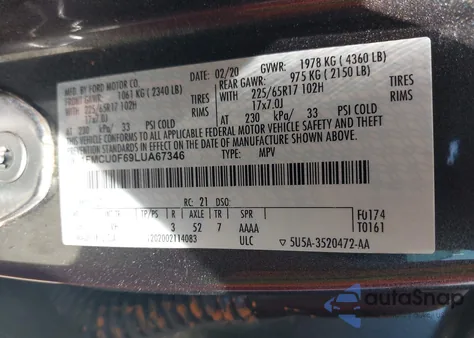 2020 Ford Escape S z USA, uszkodzony, nr VIN 1FMCU0F69LUA67346